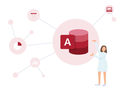 Frau zeigt Access Frau präsentiert Microsoft Access Symbol