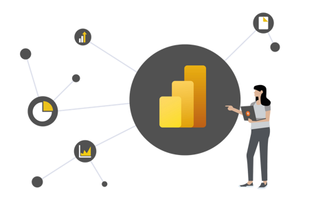 Laptop mit Power BI Laptop auf Schreibtisch mit Power BI auf Bildschirm