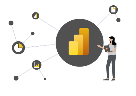 Laptop mit Power BI Laptop auf Schreibtisch mit Power BI auf Bildschirm