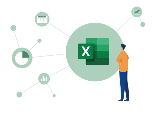 Excel Illustration eines Mannes, der auf das Excel-Logo schaut