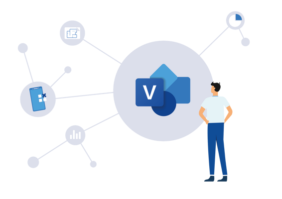 Visio Illustration eines Mannes betrachtet Visio-Logo