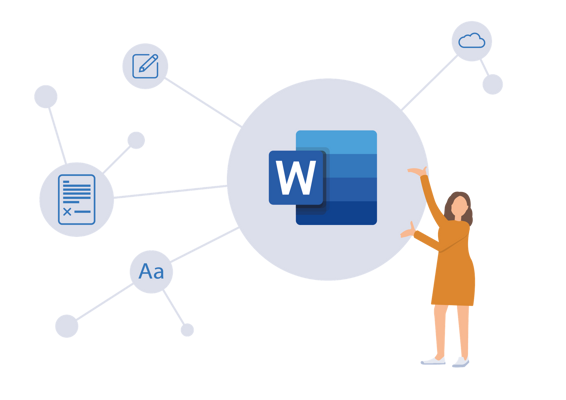 Word Illustration einer Frau präsentiert Word-Logo