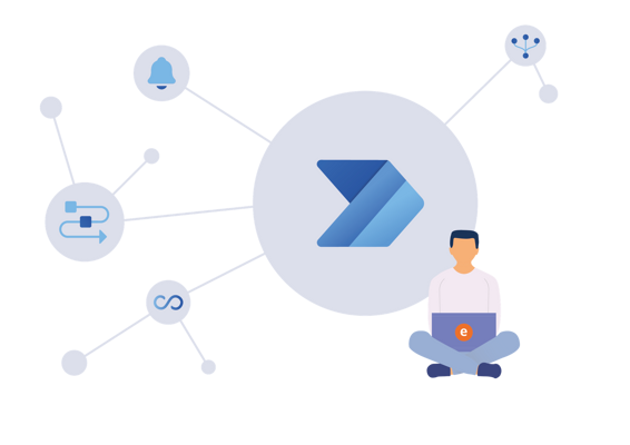 Power Automate Illustration eines Mannes sitzt mit Laptop auf dem Schoß neben Power Automate-Logo