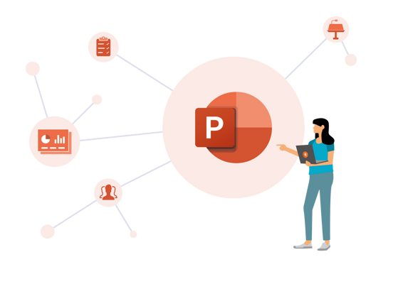 PowerPoint Illustration einer Frau mit Laptop in der Hand zeigt auf PowerPoint-Logo