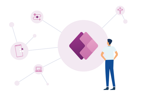Power Apps Illustration eines Mannes betrachtet Power Apps-Logo