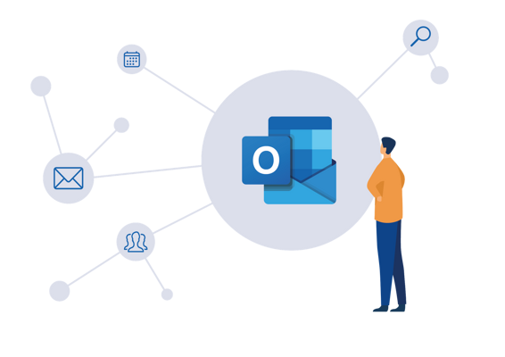 Outlook Illustration eines Mannes sitzt mit Laptop auf dem Schoß neben Outlook-Logo