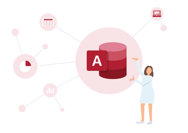 Frau zeigt Access Frau präsentiert Microsoft Access Symbol
